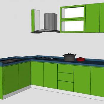 绿色厨房橱柜和吸油烟机SU模型下载_sketchup草图大师SKP模型