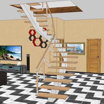 客厅木制室内旋转楼梯SU模型下载_sketchup草图大师SKP模型