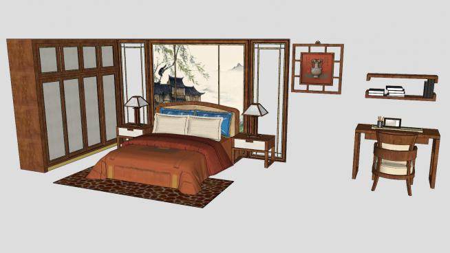 中式风格卧室家具SU模型下载_sketchup草图大师SKP模型