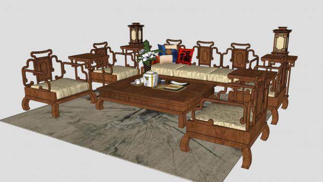 新中式沙发茶几桌灯边桌SU模型下载_sketchup草图大师SKP模型