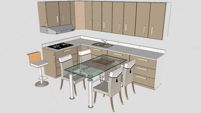 现代厨房橱柜和餐桌椅SU模型下载_sketchup草图大师SKP模型