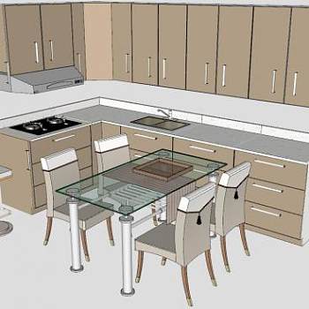 现代厨房橱柜和餐桌椅SU模型下载_sketchup草图大师SKP模型