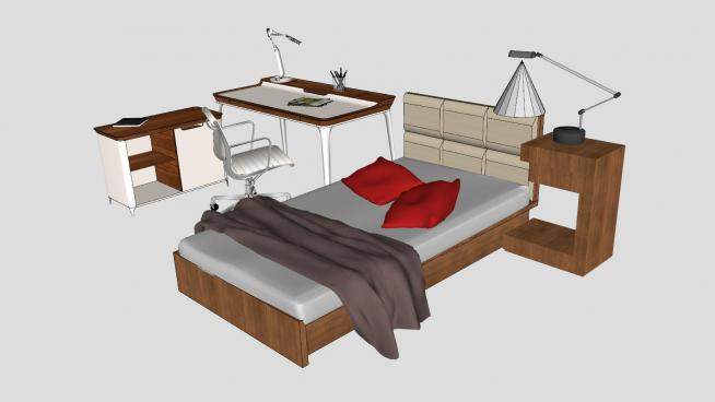 木制单人床和书桌边桌SU模型下载_sketchup草图大师SKP模型