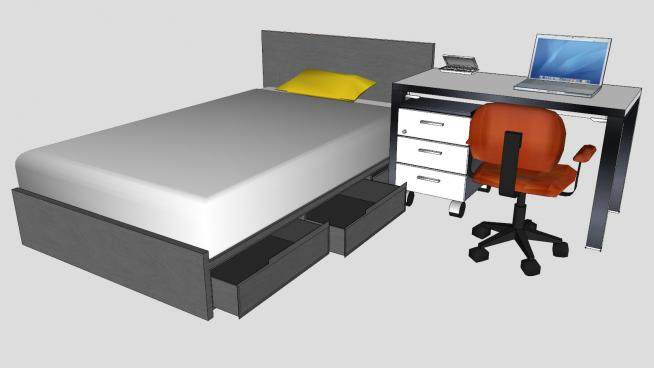 单人床床铺和电脑桌SU模型下载_sketchup草图大师SKP模型