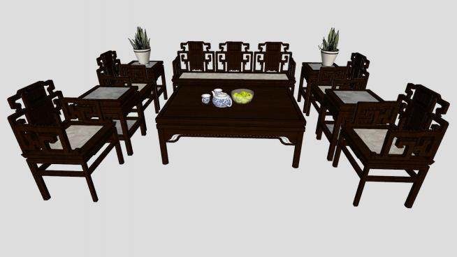 新中式沙发茶几家具组合SU模型下载_sketchup草图大师SKP模型