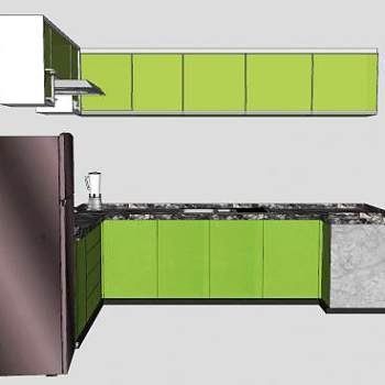 绿色厨房橱柜和电冰箱SU模型下载_sketchup草图大师SKP模型
