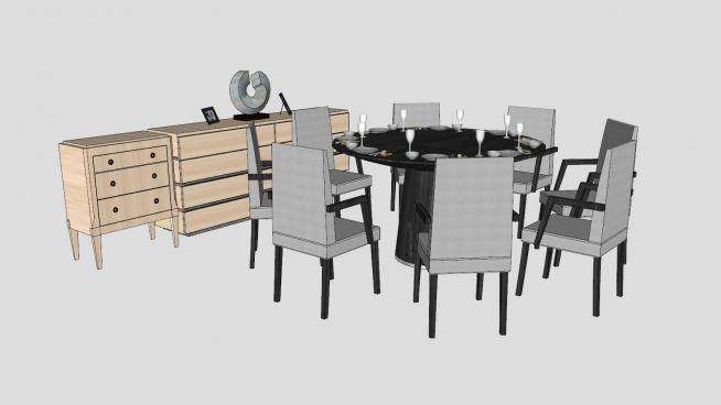 餐桌椅餐具和边桌柜子SU模型下载_sketchup草图大师SKP模型
