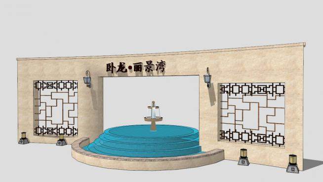中式风格水池景观墙SU模型下载_sketchup草图大师SKP模型
