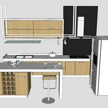 现代厨房橱柜吧台椅双开门冰箱SU模型下载_sketchup草图大师SKP模型