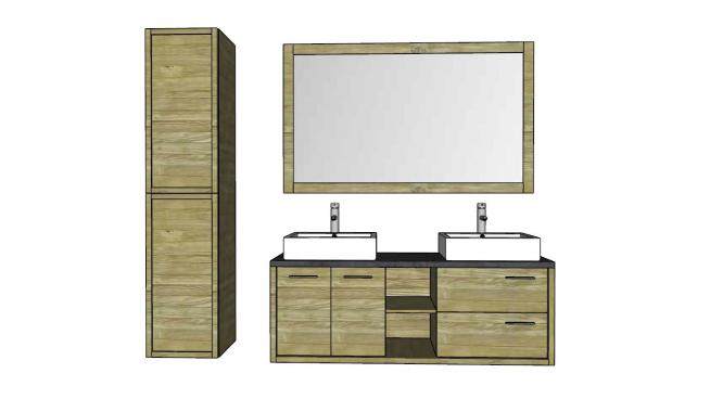 室内木质双洗手池浴室柜镜SU模型下载_sketchup草图大师SKP模型