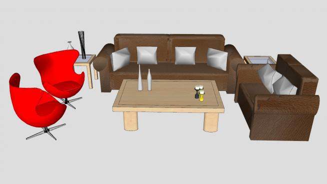 皮质沙发和木制茶几SU模型下载_sketchup草图大师SKP模型