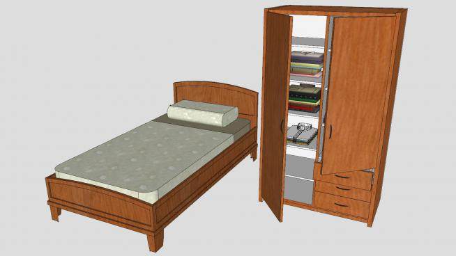 木质单人床和衣柜SU模型下载_sketchup草图大师SKP模型
