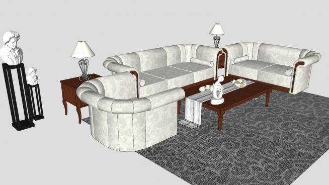 欧式组合沙发茶几和工艺品摆件SU模型下载_sketchup草图大师SKP模型