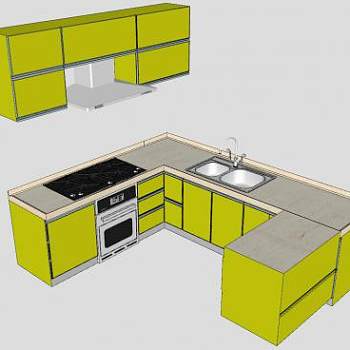 绿色L型厨房橱柜SU模型下载_sketchup草图大师SKP模型