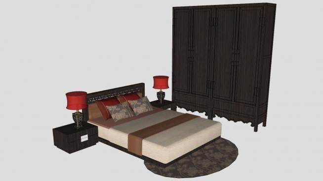新中式卧房家具设计SU模型下载_sketchup草图大师SKP模型