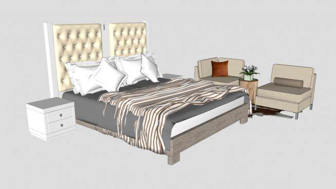 欧式床铺床头柜组合带沙发椅SU模型下载_sketchup草图大师SKP模型