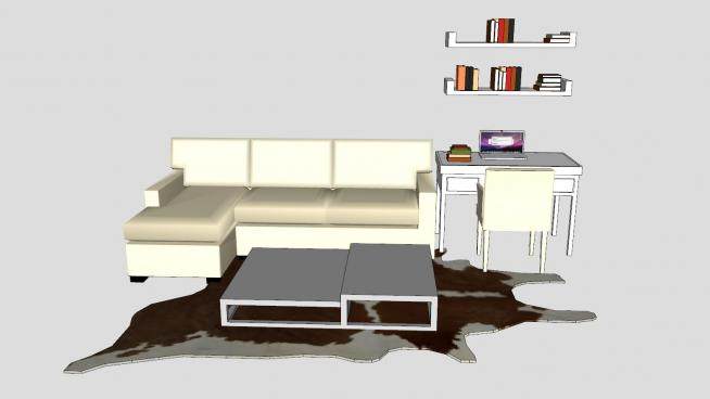 书房短沙发家具和地毯书桌SU模型下载_sketchup草图大师SKP模型