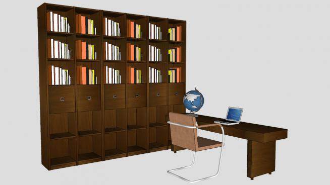 木质书架书柜和书桌坐椅SU模型下载_sketchup草图大师SKP模型