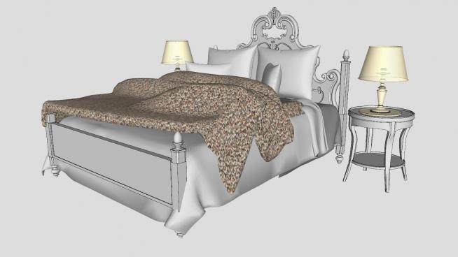 欧式床铺双人床和床头柜SU模型下载_sketchup草图大师SKP模型