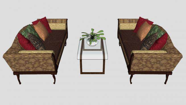 欧式沙发靠枕和玻璃茶几SU模型下载_sketchup草图大师SKP模型