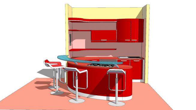 红色弧形开放式厨房吧台椅SU模型下载_sketchup草图大师SKP模型