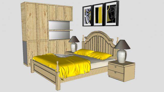 木制欧式床具衣柜和挂画SU模型下载_sketchup草图大师SKP模型