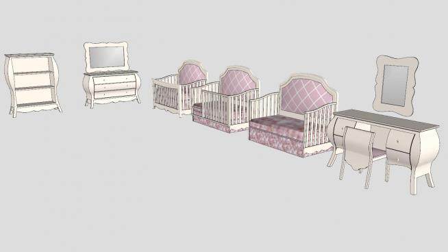 梳妆台和婴儿床家具SU模型下载_sketchup草图大师SKP模型