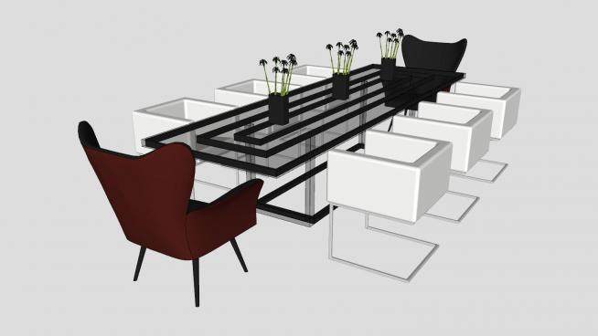 现代办公家具玻璃会议桌椅子SU模型下载_sketchup草图大师SKP模型