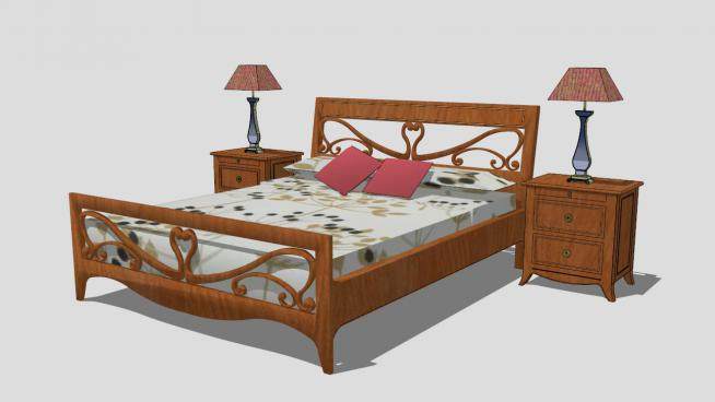 美式木质风格床和床头柜SU模型下载_sketchup草图大师SKP模型