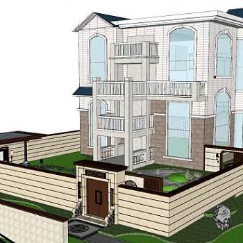 中式庭院别墅景观SU模型下载_sketchup草图大师SKP模型