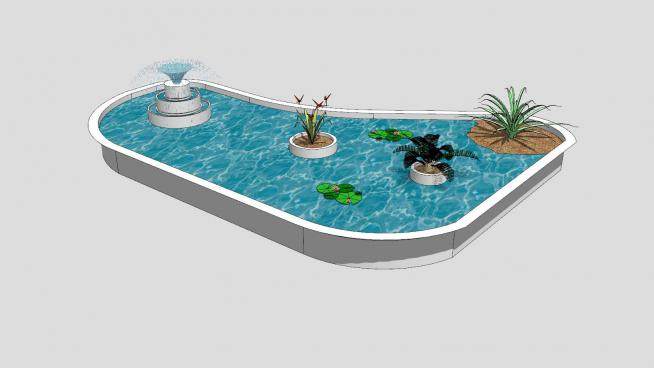 池塘水景流水喷泉SU模型下载_sketchup草图大师SKP模型