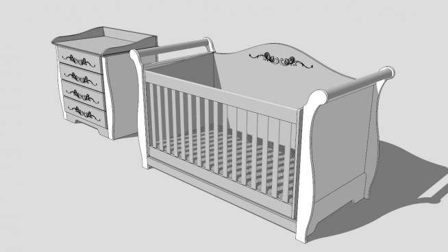 北欧白色婴儿床和床头柜SU模型下载_sketchup草图大师SKP模型