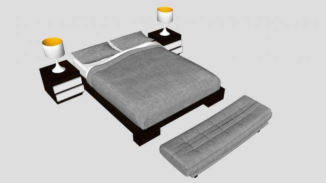 北欧灰色双人床和一对床头柜SU模型下载_sketchup草图大师SKP模型