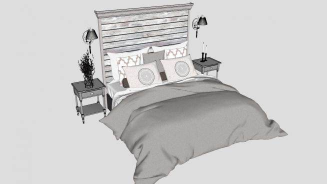 北欧淡灰色双人床和一对床头柜SU模型下载_sketchup草图大师SKP模型