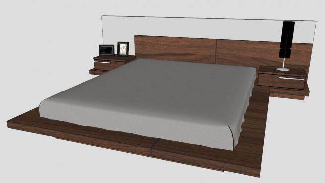 木质北欧风格灰色双人床SU模型下载_sketchup草图大师SKP模型