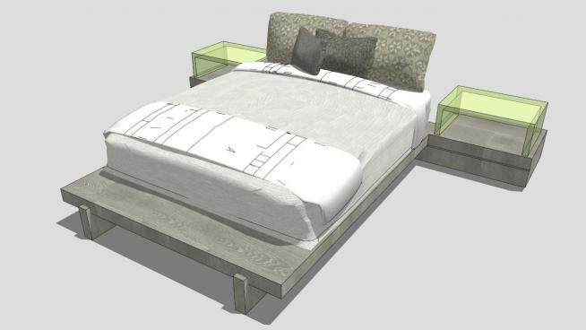 现代布艺创意双人床和一对床头柜SU模型下载_sketchup草图大师SKP模型