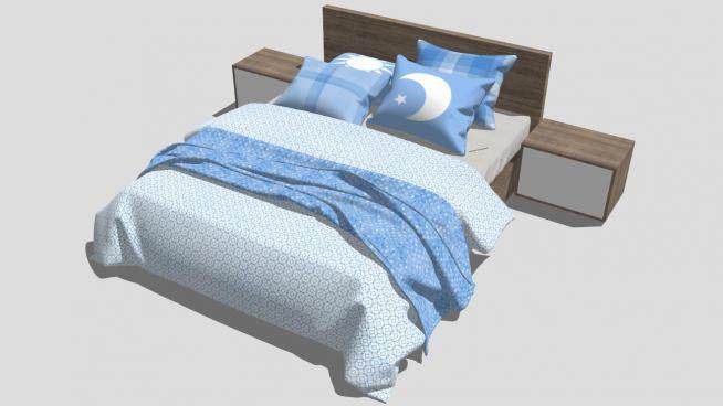 现代北欧淡蓝色床和床头柜SU模型下载_sketchup草图大师SKP模型