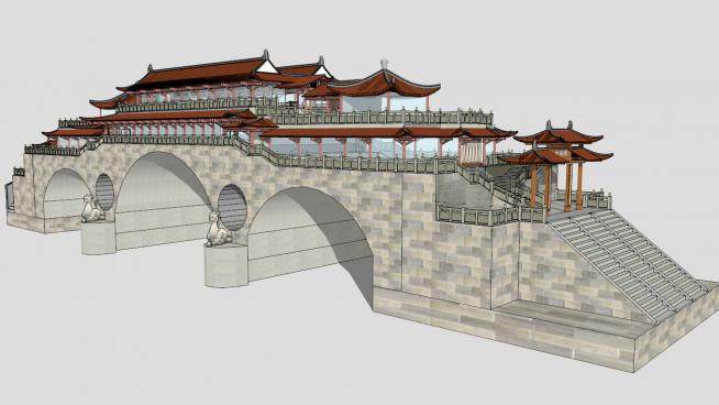 中式景区廊桥景观桥多孔石拱桥SU模型下载_sketchup草图大师SKP模型