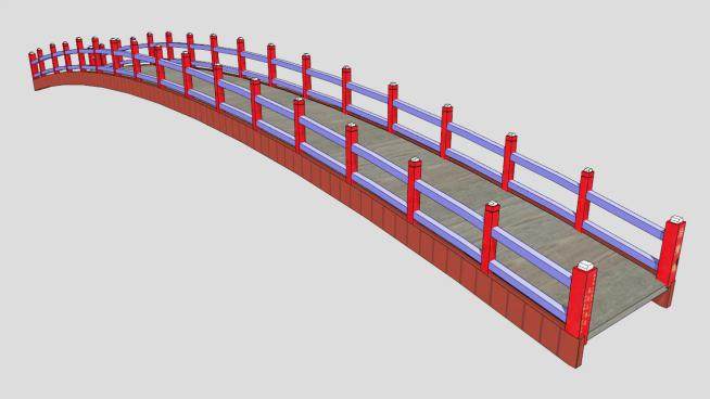 中式红色栏杆景观桥木桥SU模型下载_sketchup草图大师SKP模型