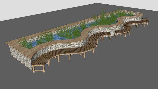 S形户外长椅和水池水塘景观SU模型下载_sketchup草图大师SKP模型