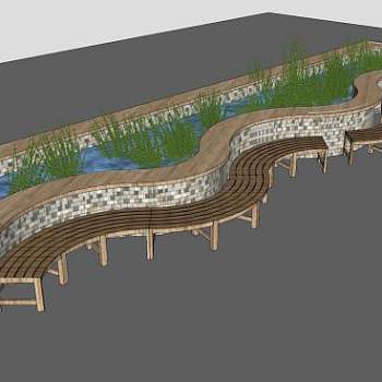 S形户外长椅和水池水塘景观SU模型下载_sketchup草图大师SKP模型