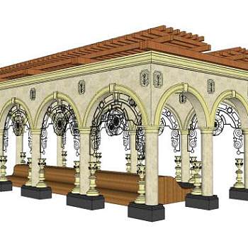 欧式石柱廊架座椅SU模型下载_sketchup草图大师SKP模型