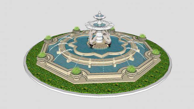 欧式公园花坛喷泉SU模型下载_sketchup草图大师SKP模型