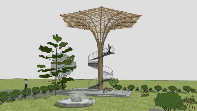 蘑菇木质景观塔和小喷泉SU模型下载_sketchup草图大师SKP模型