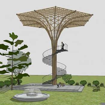 蘑菇木质景观塔和小喷泉SU模型下载_sketchup草图大师SKP模型