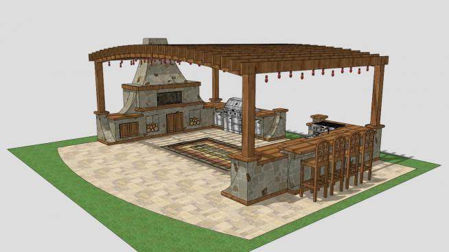 园区餐厅木结构廊架设计SU模型下载_sketchup草图大师SKP模型