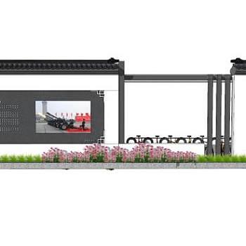 中式景墙自行车停车棚SU模型下载_sketchup草图大师SKP模型