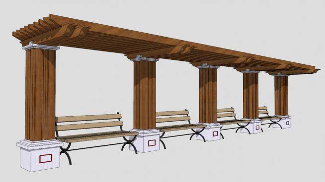 木质条形廊架和公园椅SU模型下载_sketchup草图大师SKP模型