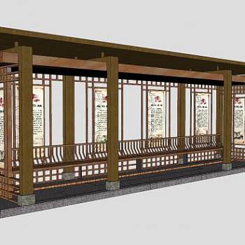 中式木质休闲廊架座椅SU模型下载_sketchup草图大师SKP模型