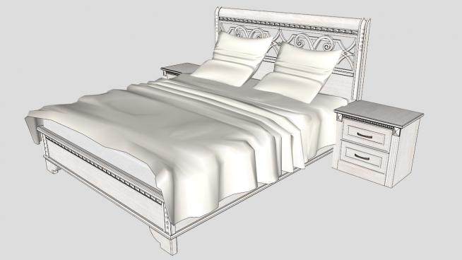 地中海风格白色双人床和一对床头柜SU模型下载_sketchup草图大师SKP模型